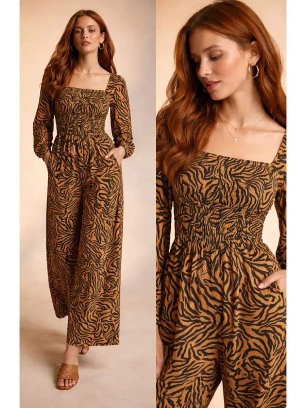 Anthropologie X Kachel Tiger Striped Smocked Wide Leg Jumpsuit 12